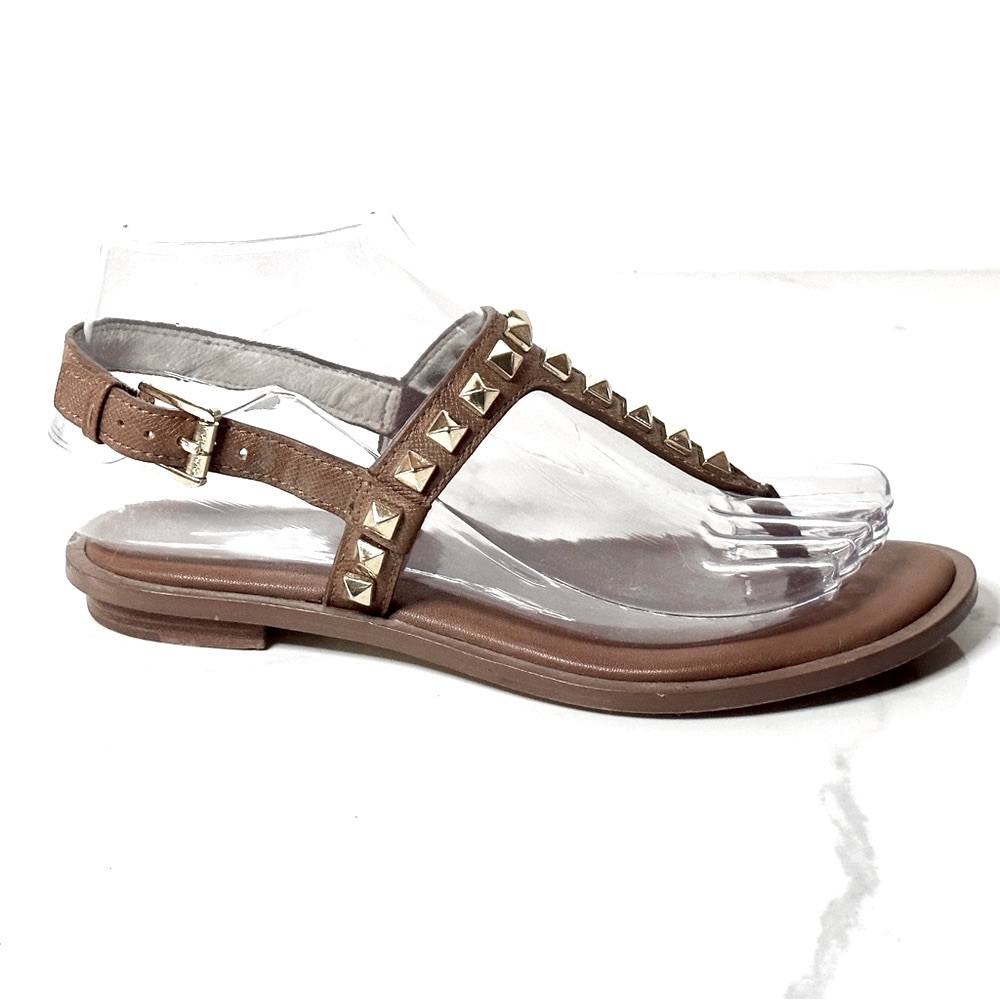 MICHAEL Michael Kors Brown Leather Sandal Gold Studded 5.5 Flat Thong - Picture 2 of 12